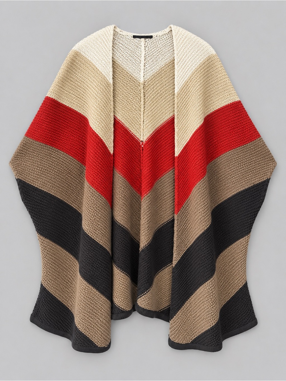 Black Tape_ Striped Knit Poncho in Red, Black & Tan